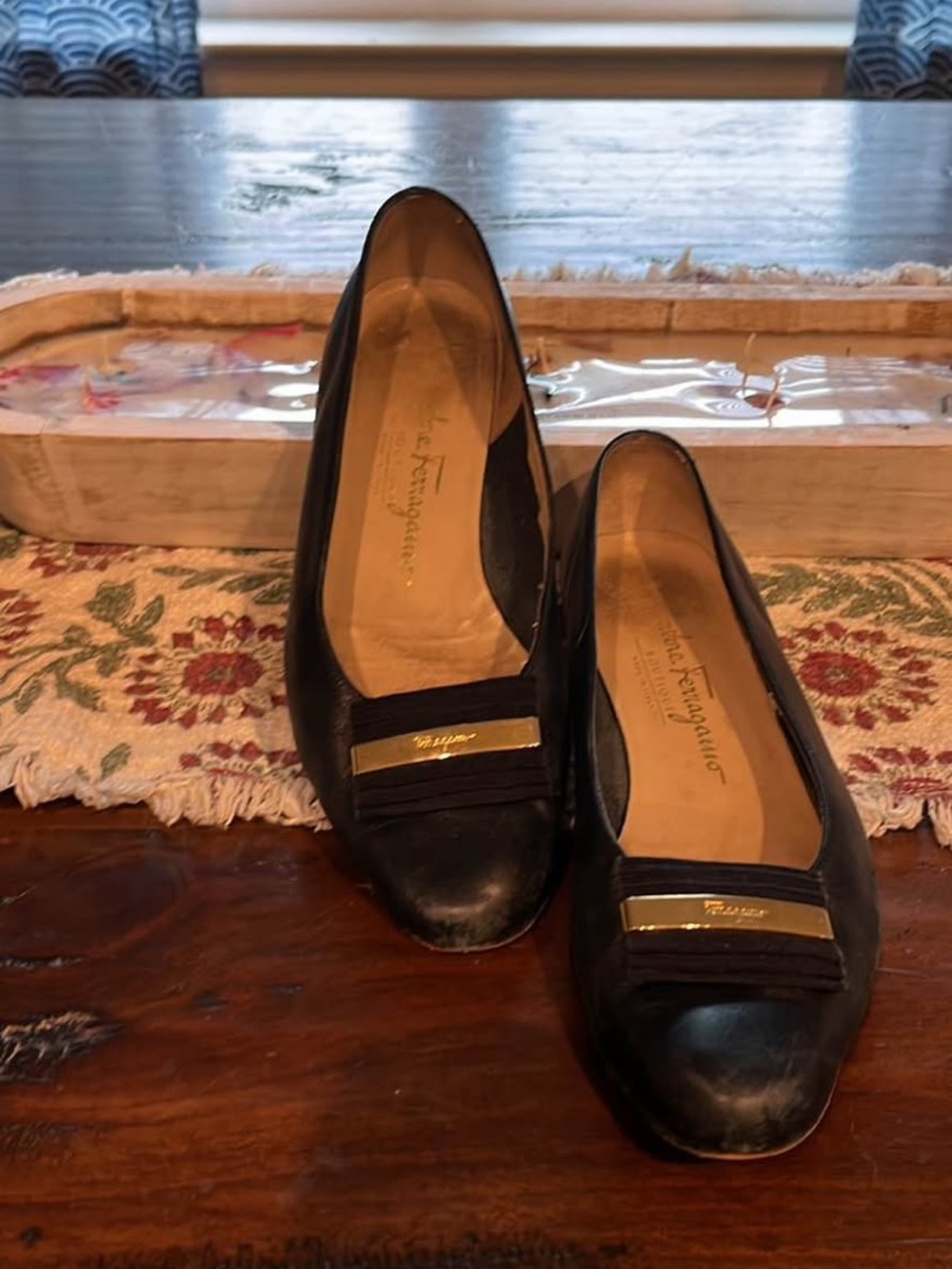 Salvatore Ferragamo Blue Leather Vara Bow Flats
